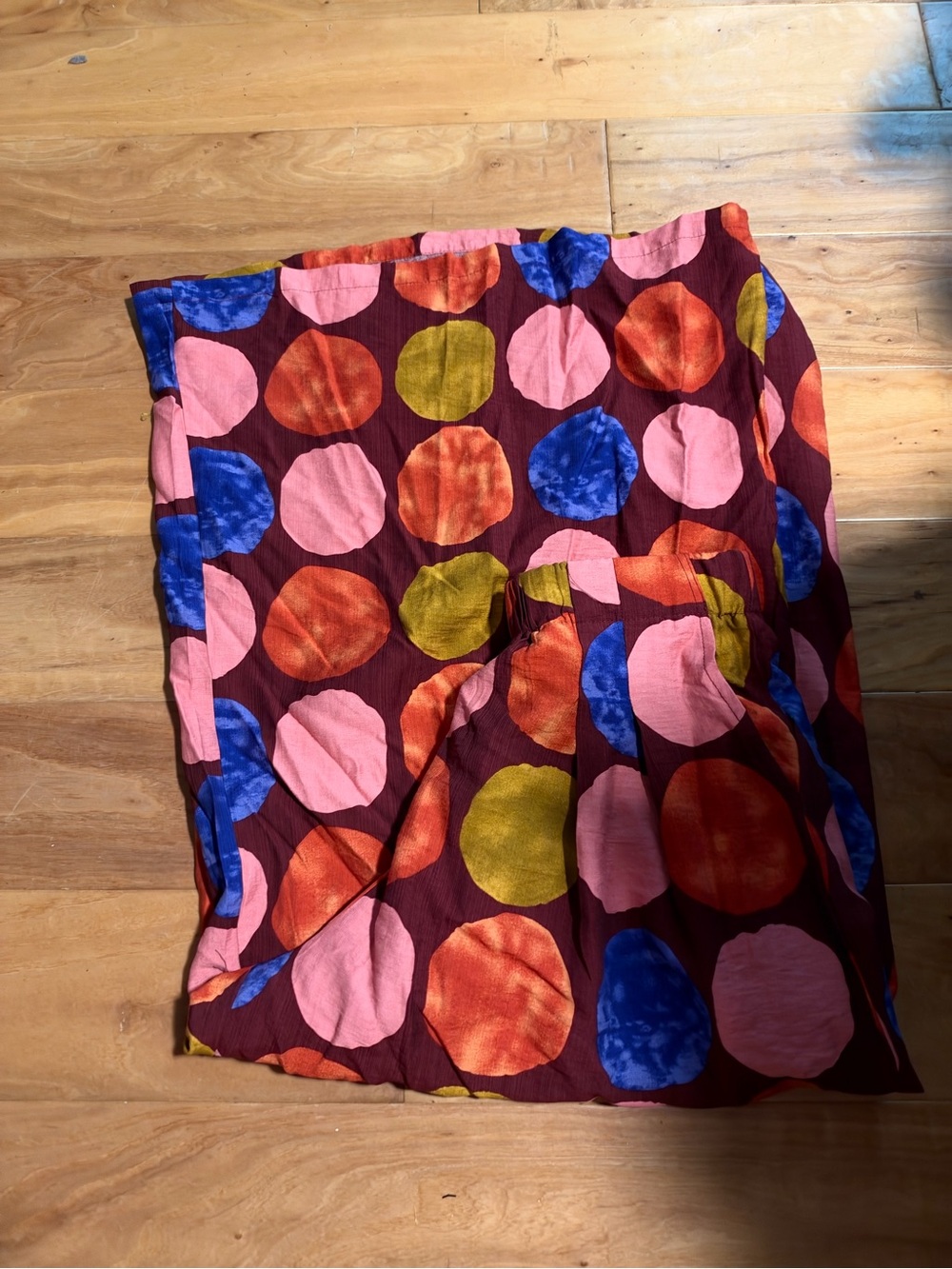 Umgee Burgundy Wide-Leg Pants with Pink, Blue, Orange & Olive Polka Dots